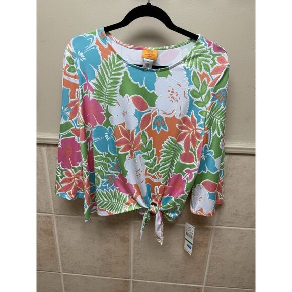 Ruby Rd. Womens Multicolor Floral Crew Neck Knotted Waist Flutter Sleeve. Sz Lp - Picture 2 of 9